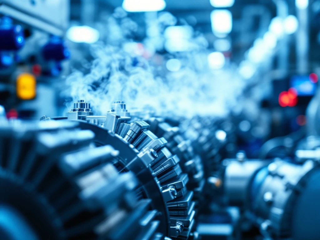 Modern industrial oil-free compressor with stainless steel components in a clean manufacturing facility under blue lighting, showcasing precision engineering.