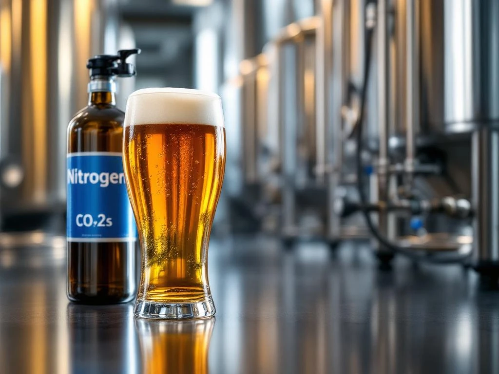 Golden beer with creamy head in branded glass beside nitrogen brewing system and stainless steel fermentation tanks in modern brewery